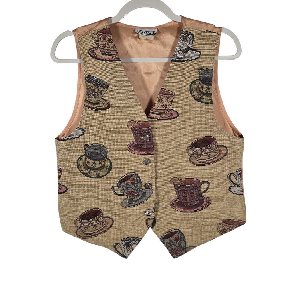 Vintage Mirrors Tapestry Vest Medium Teacup Print Button Front Cottagecore